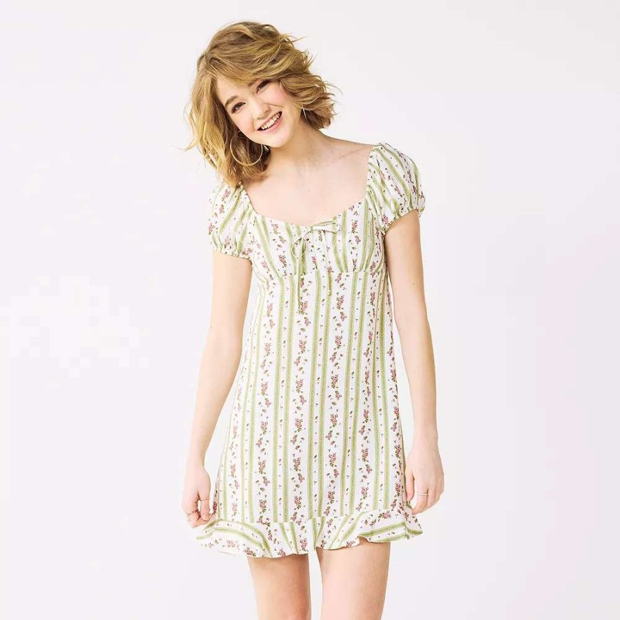 Clothing * | Juniors' So Peasant Front Mini Dress White Olive Floral