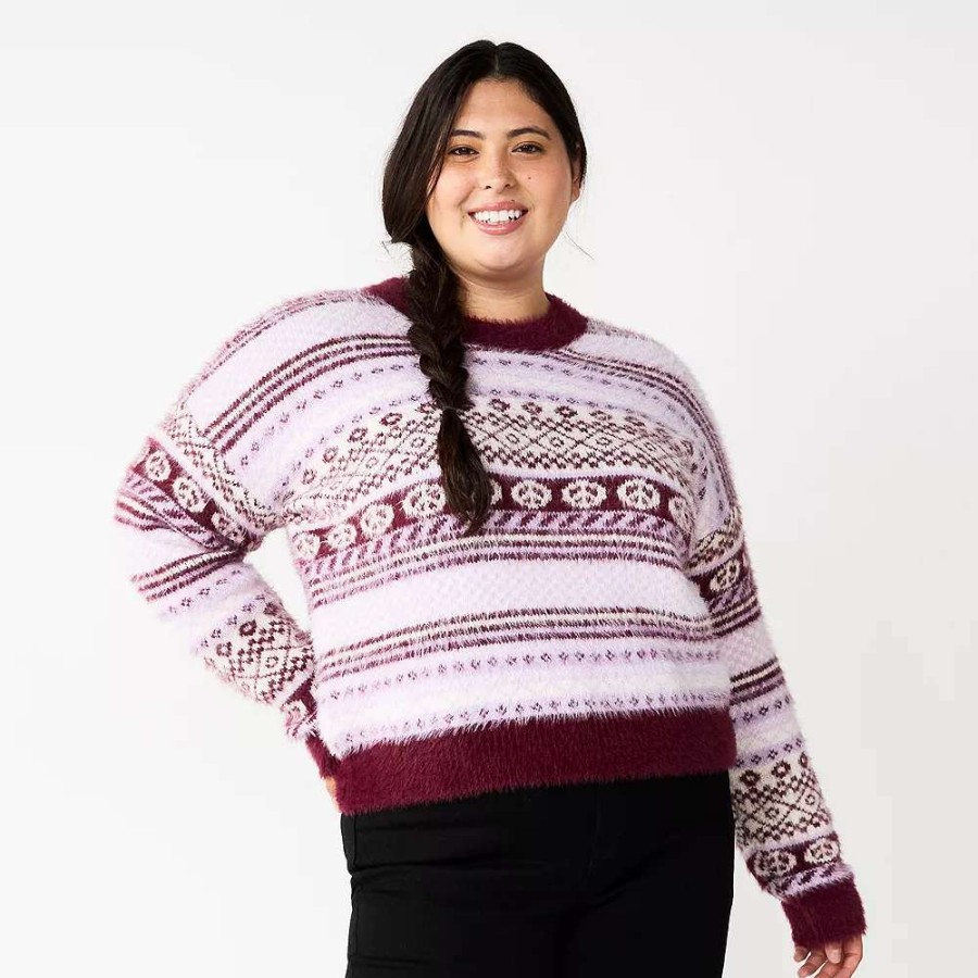 Clothing * | Juniors' Plus Size So Fuzzy Cropped Print Sweater