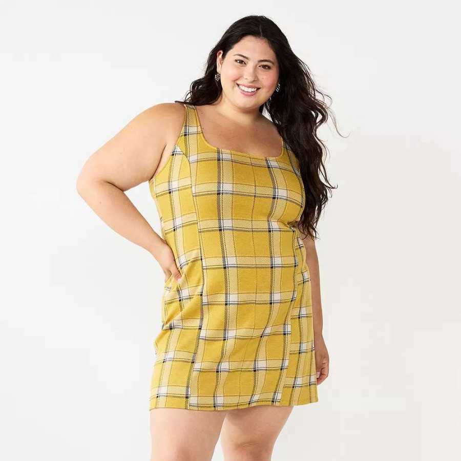 Clothing * | Juniors' Plus Size So Open Back Pinafore Mini Dress Gold Black Plaid