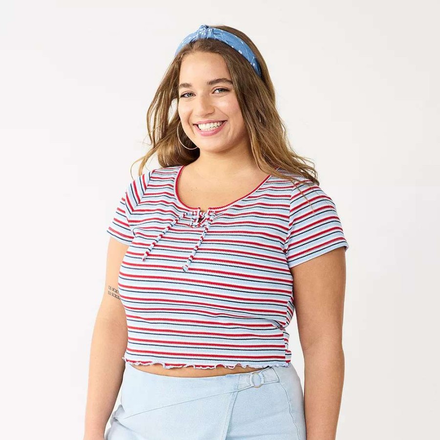 Clothing * | Juniors' Plus Size So Lace-Up Tee Red Blue Multi Stripe