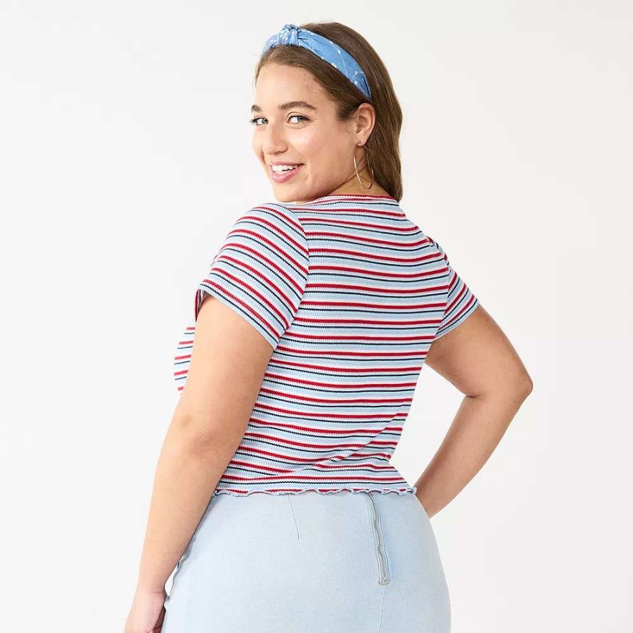 Clothing * | Juniors' Plus Size So Lace-Up Tee Red Blue Multi Stripe