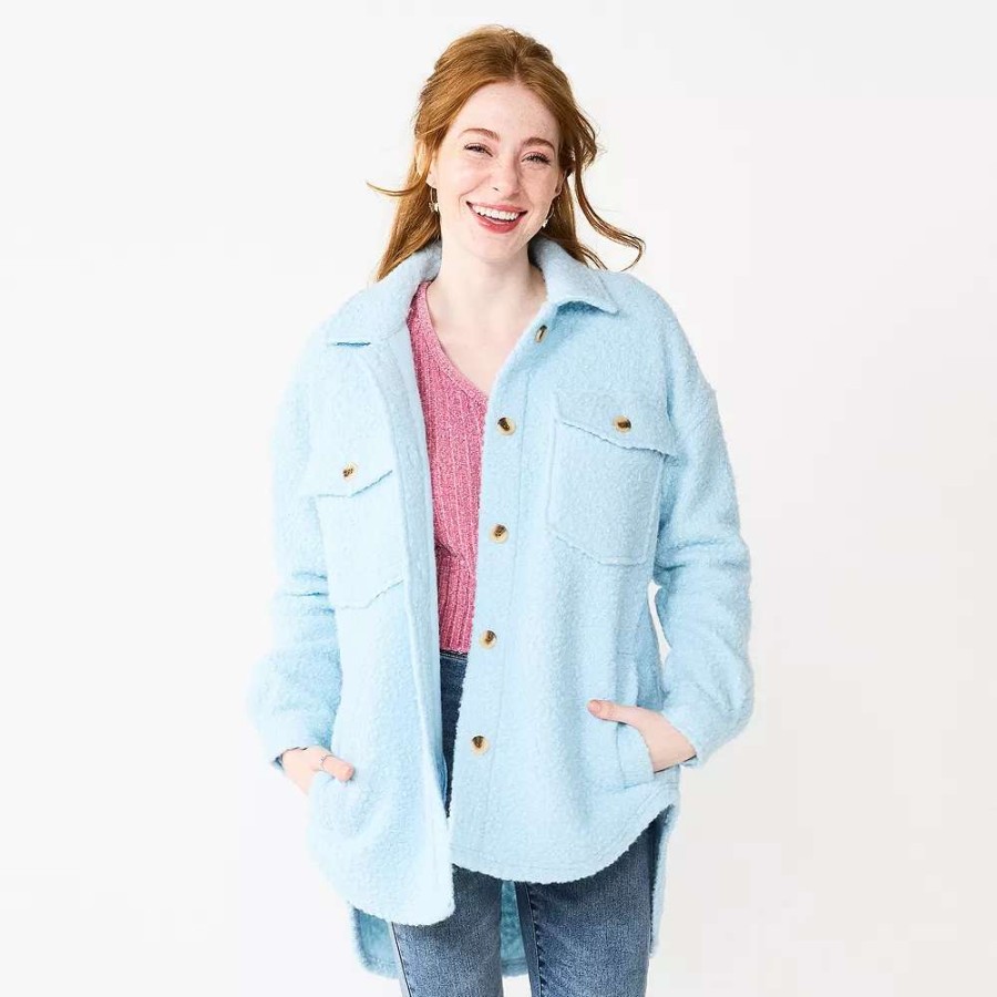 Clothing * | Juniors' So Oversized Teddy Sherpa Shacket Light Blue