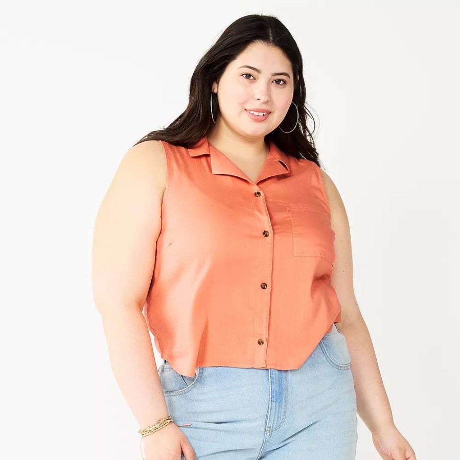 Clothing * | Juniors' Plus Size So Cropped Sleeveless Button Down Top