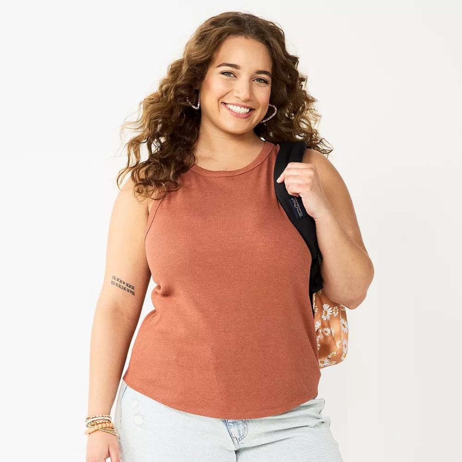 Clothing * | Juniors' Plus Size So High Neck Ribbed Tank Top Cinnamon Coffee