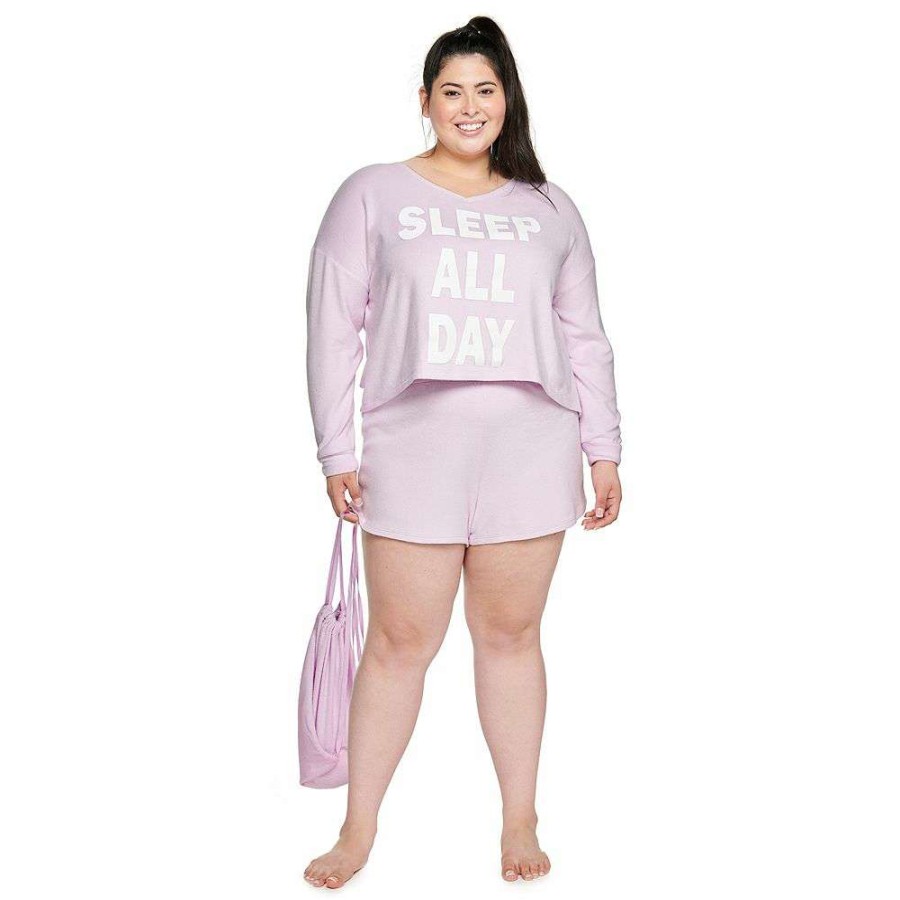 Clothing * | Juniors' Plus Size So Boxy Long Sleeve Pajama Top & Pajama Shorts Set