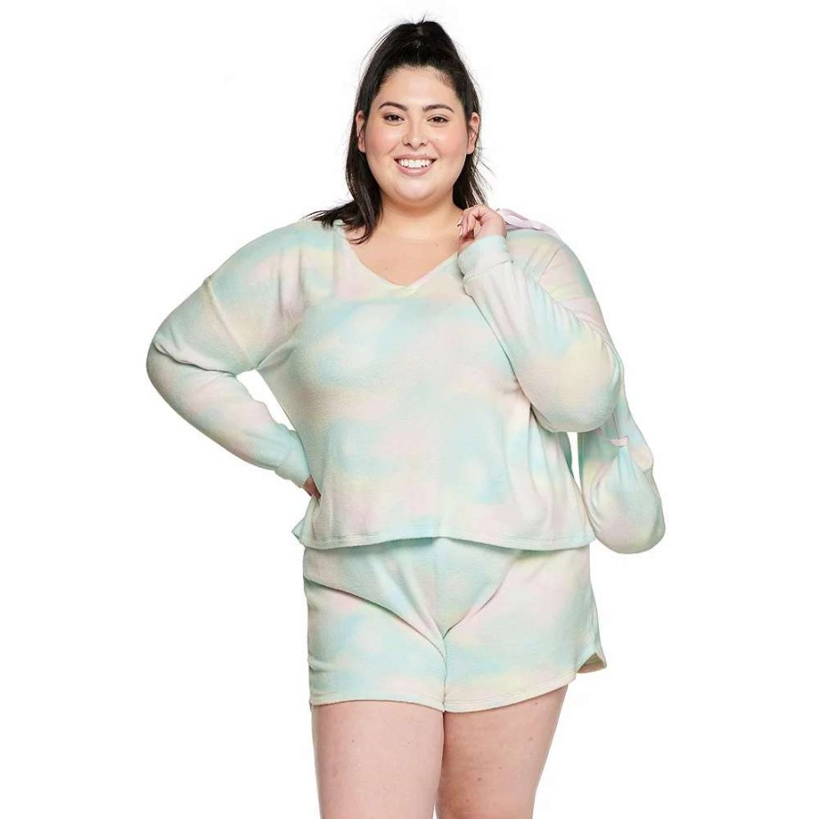 Clothing * | Juniors' Plus Size So Boxy Long Sleeve Pajama Top & Pajama Shorts Set