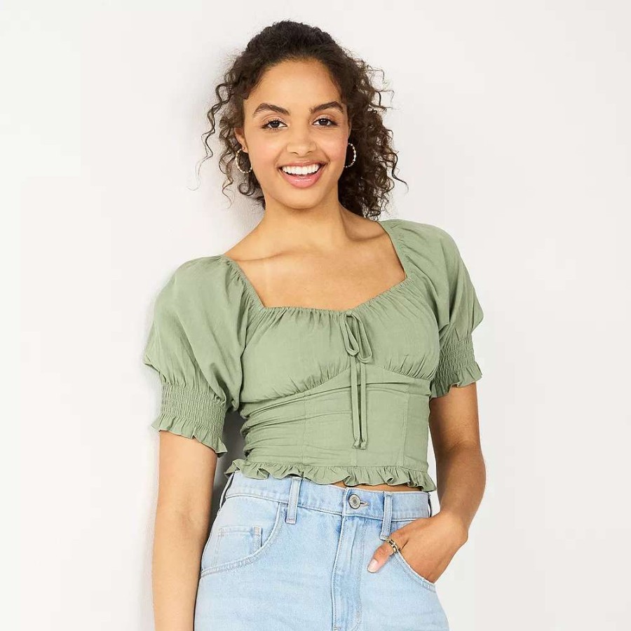 Clothing * | Juniors' So Cropped Tie-Front Puff Top