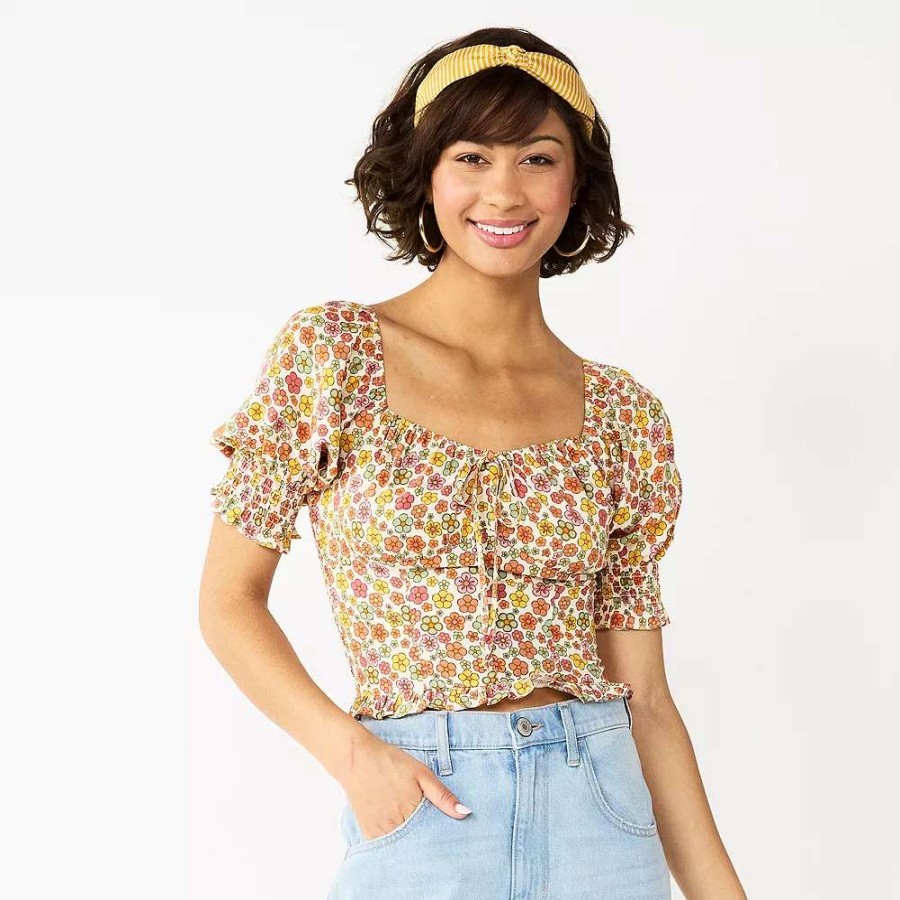 Clothing * | Juniors' So Cropped Tie-Front Puff Top