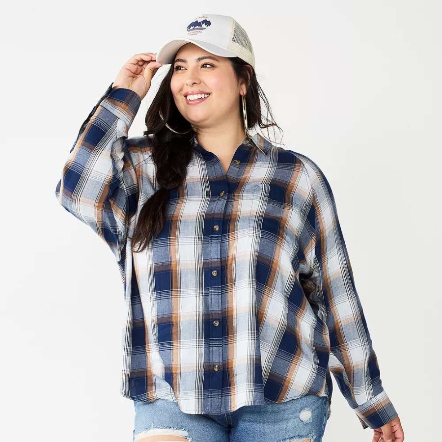 Clothing * | Juniors' Plus Size So Long Sleeve Button Down Shirt Navy Brown Plaid