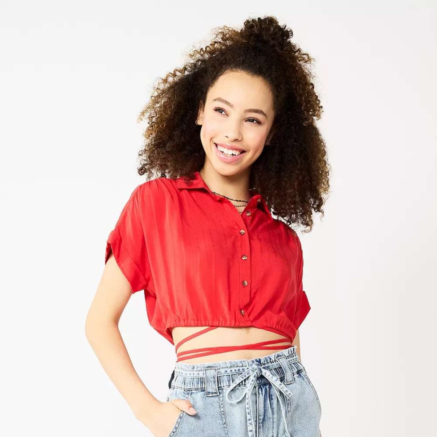 Clothing * | Juniors' So Cropped Tie Waist Camp Shirt