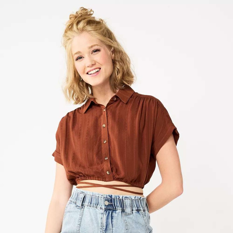 Clothing * | Juniors' So Cropped Tie Waist Camp Shirt