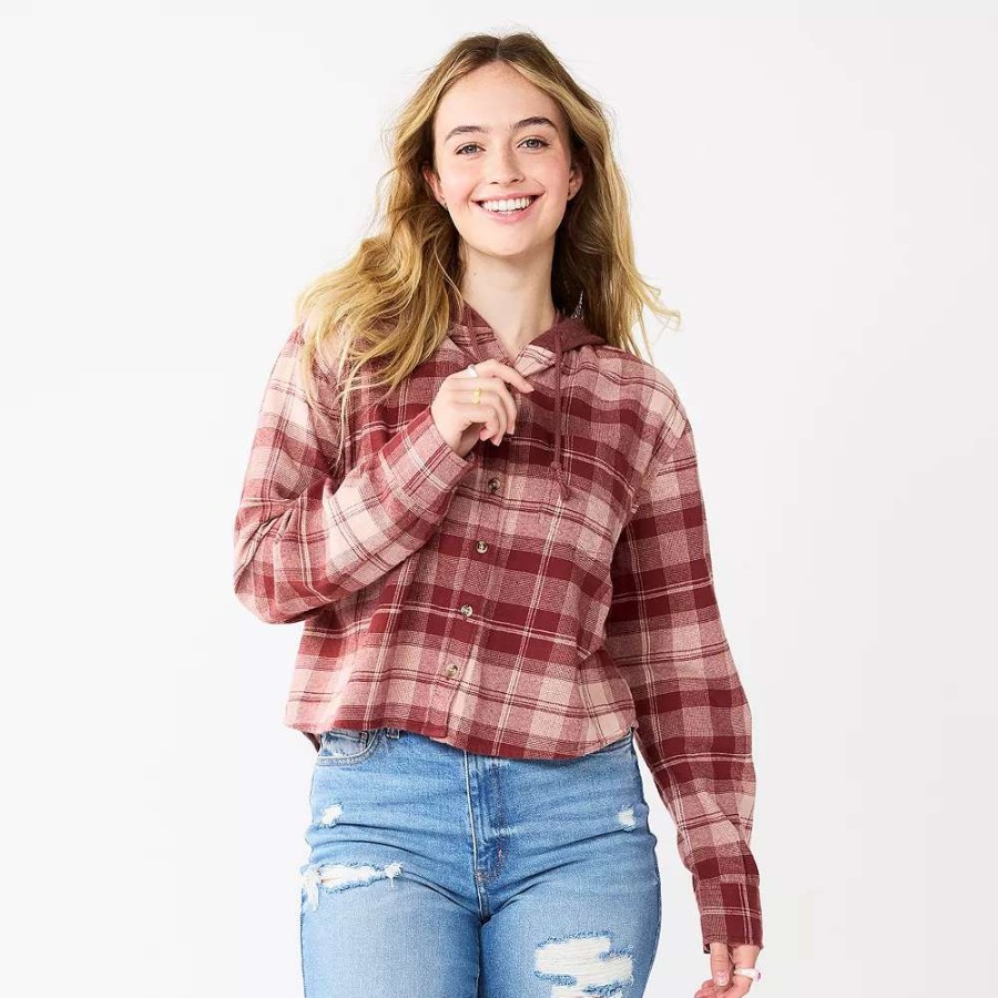 Clothing * | Juniors' So Cropped Plaid Button Down Hoodie