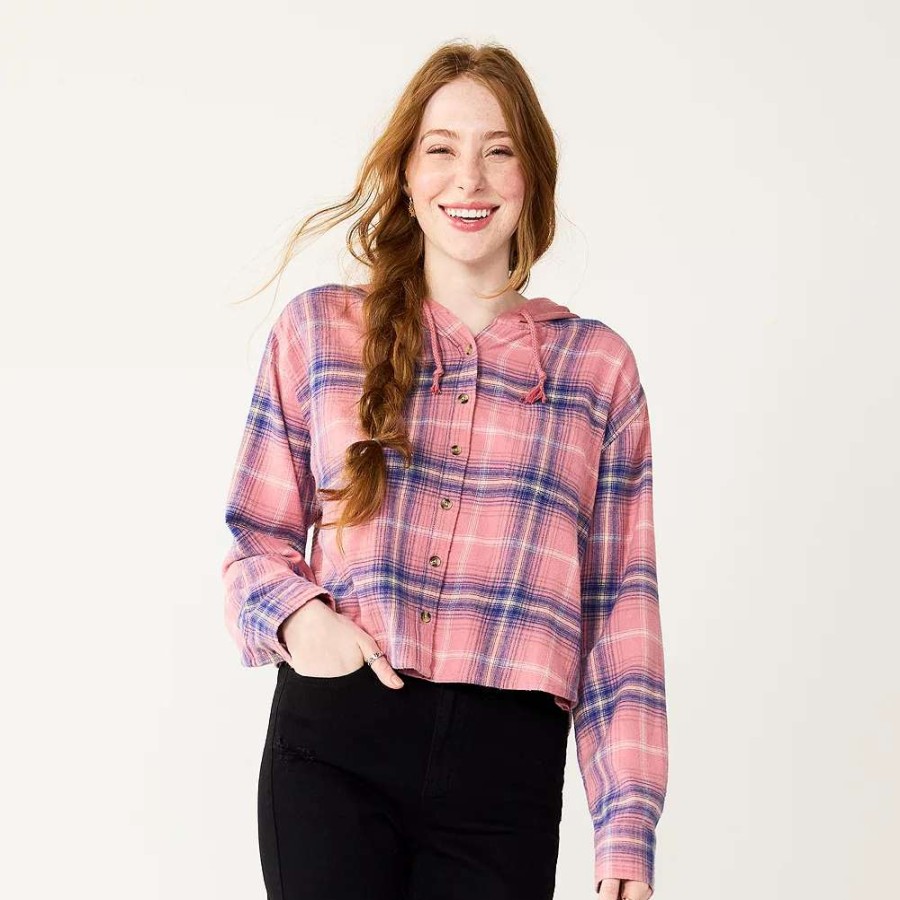 Clothing * | Juniors' So Cropped Plaid Button Down Hoodie